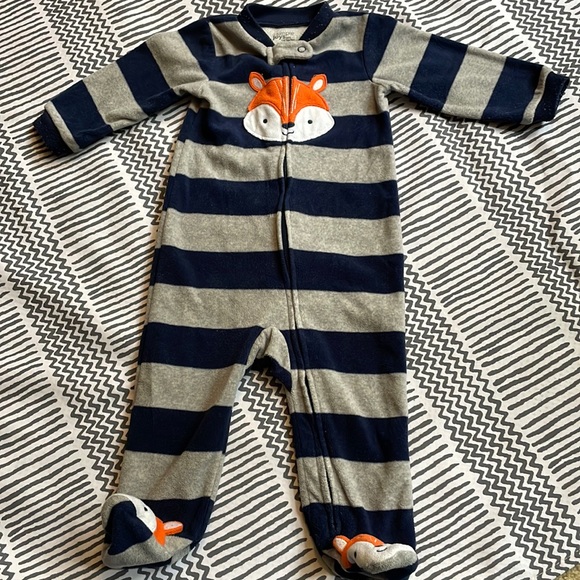 Blue and gray striped fleece zip up sleeper with fox feet! - Picture 1 of 5